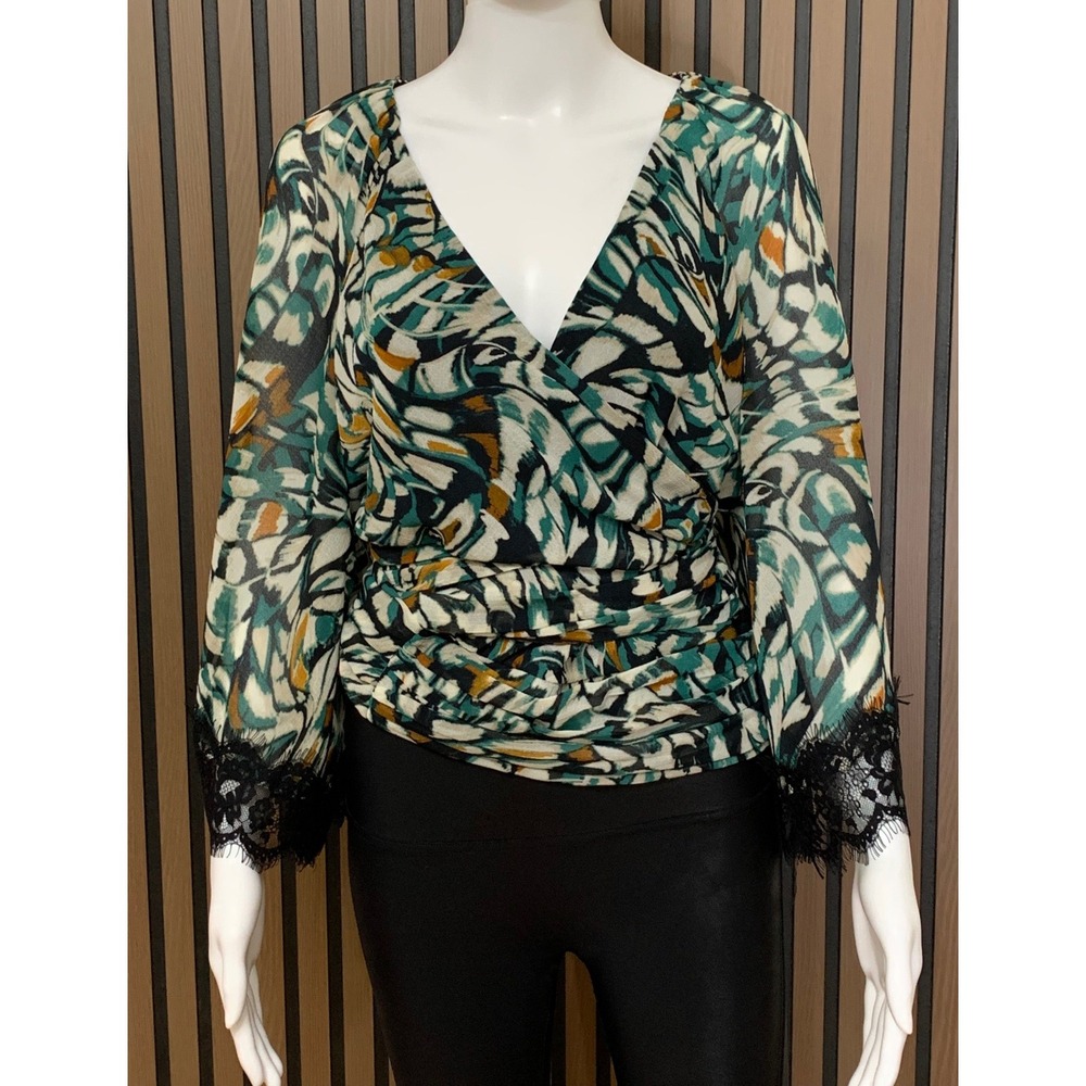 Anthropologie Abstract Butterfly Print Wrap Blouse Lace Trim Teal Mustard L